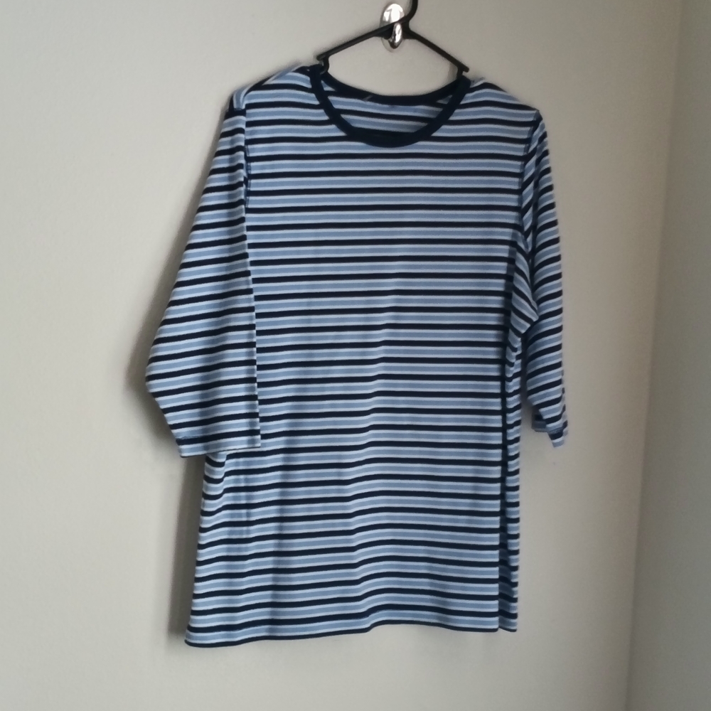 Blouse Women XL Blue and White 3/4 Sleeve Shirts Striped Academia Office Casual